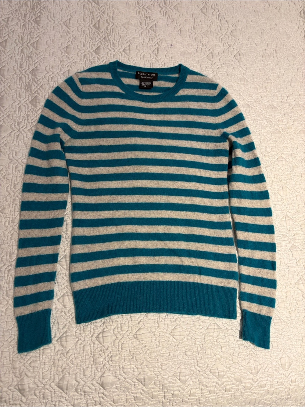 Lord & Taylor Teal and Grey Cashmere Striped Crewneck Sweater - Picture 1 of 5